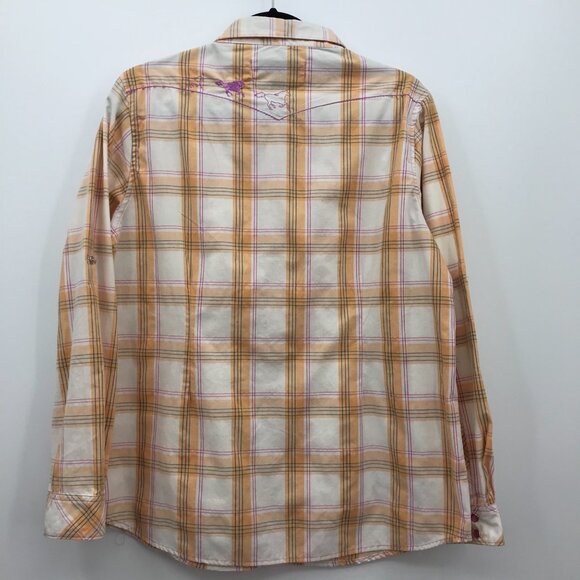 Bit & Bridle Plaid Snap Front Western Horse Embroidered Shirt Orange Pink Large - Picture 7 of 8